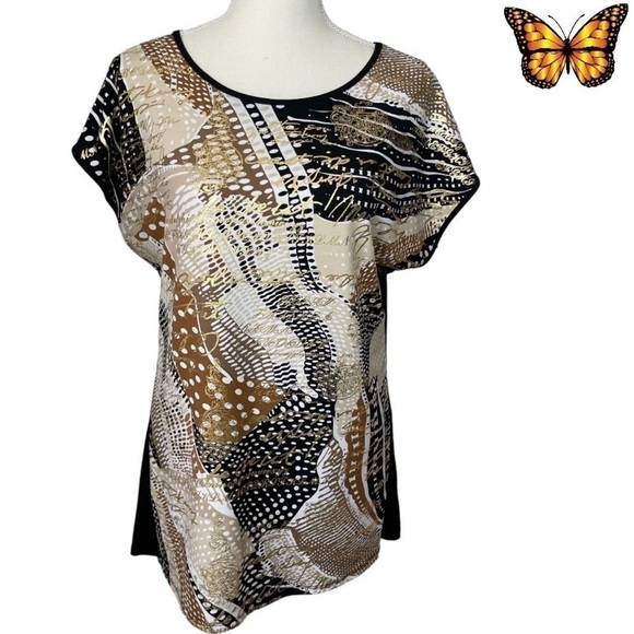 Tanjay Short Sleeve Abstract Gold Writing Print Tunic Length Top Size Small - Picture 1 of 9